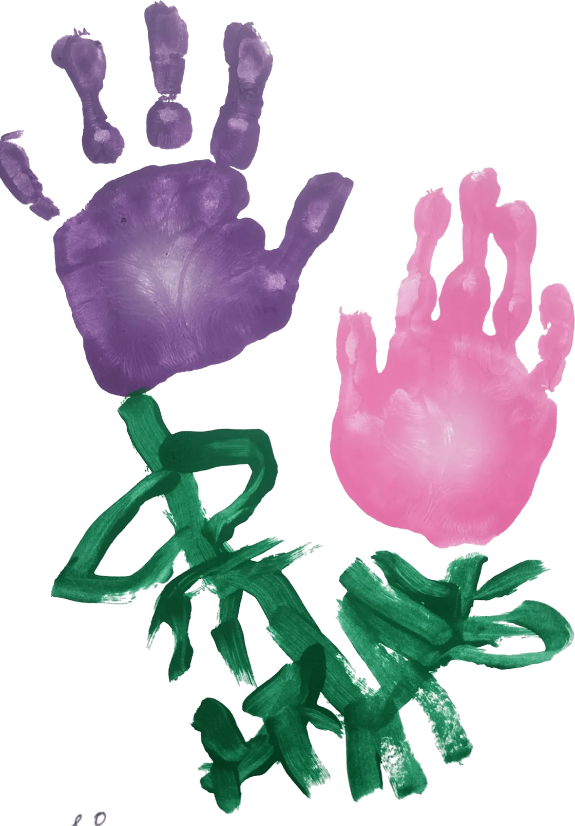 Two painted handprints in blue, pink and gold against a night sky, by Leo